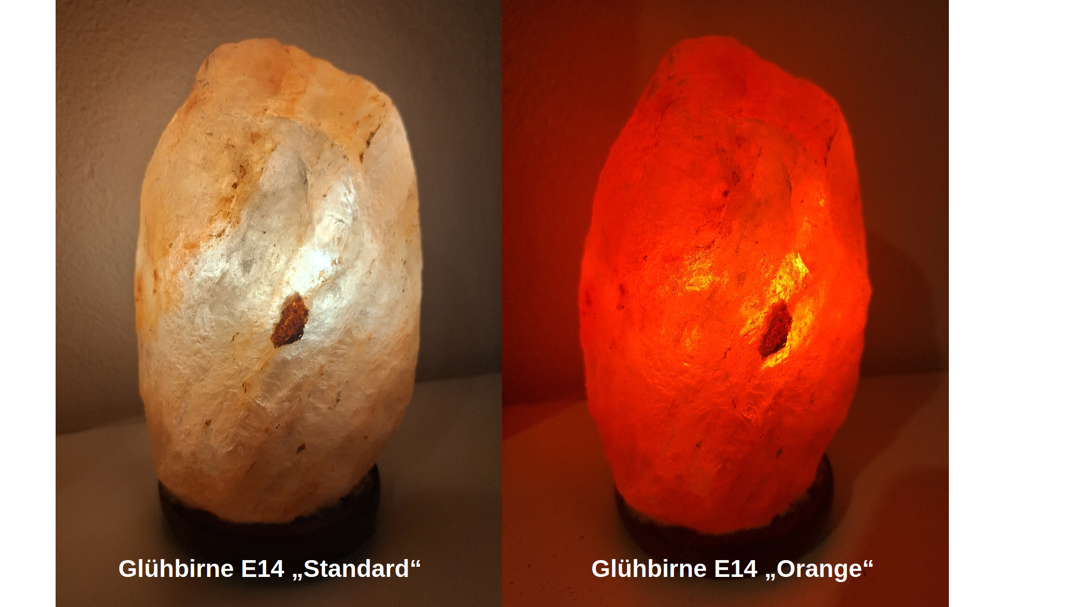 Glühbirne E14 (LED) „Orange“ a rock lamp with a light inside: original one compared with special orange one