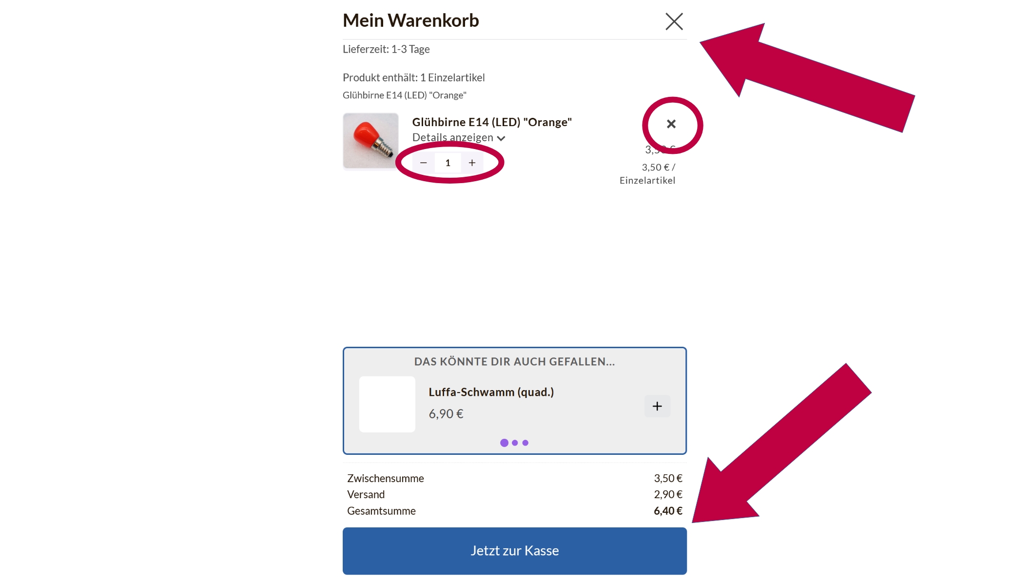 Bestellung 02 Warenkorbansicht mit Markierungen zur Änderung von Anzahl sowie des gänzlichen Artikelentfernens. Pfeile, welche auf das X und den Butten "Zur Kasse" zeigen
