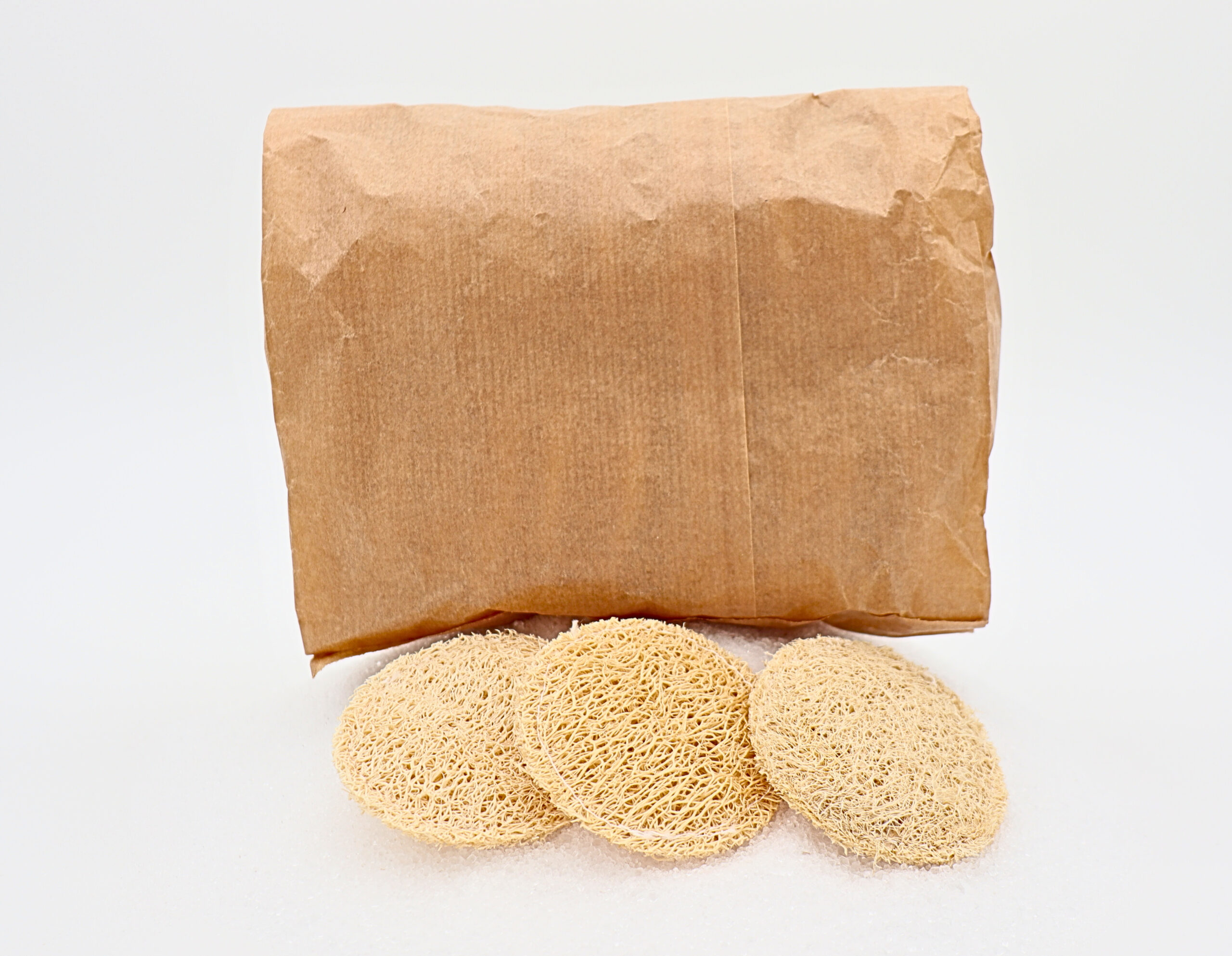 Luffa-Pads im 20er-Pack a brown paper bag with 3 loofah pads in front of it