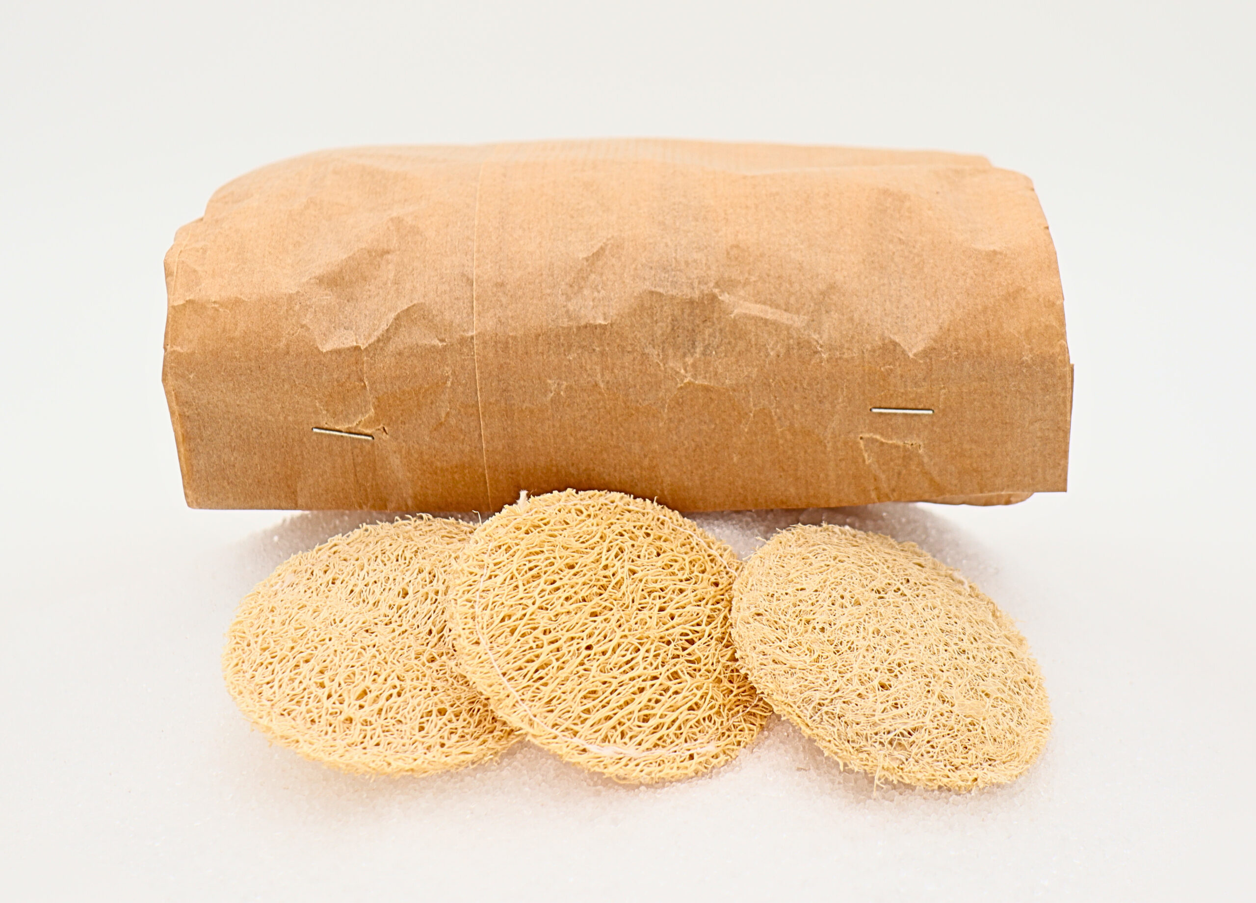 Luffa-Pads im 20er-Pack a brown paper bag with 3 loofah pads in front of it