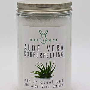 „Aloe Vera“ Körperpeeling Peelingsalz in Plastikbehälter mit Etikett