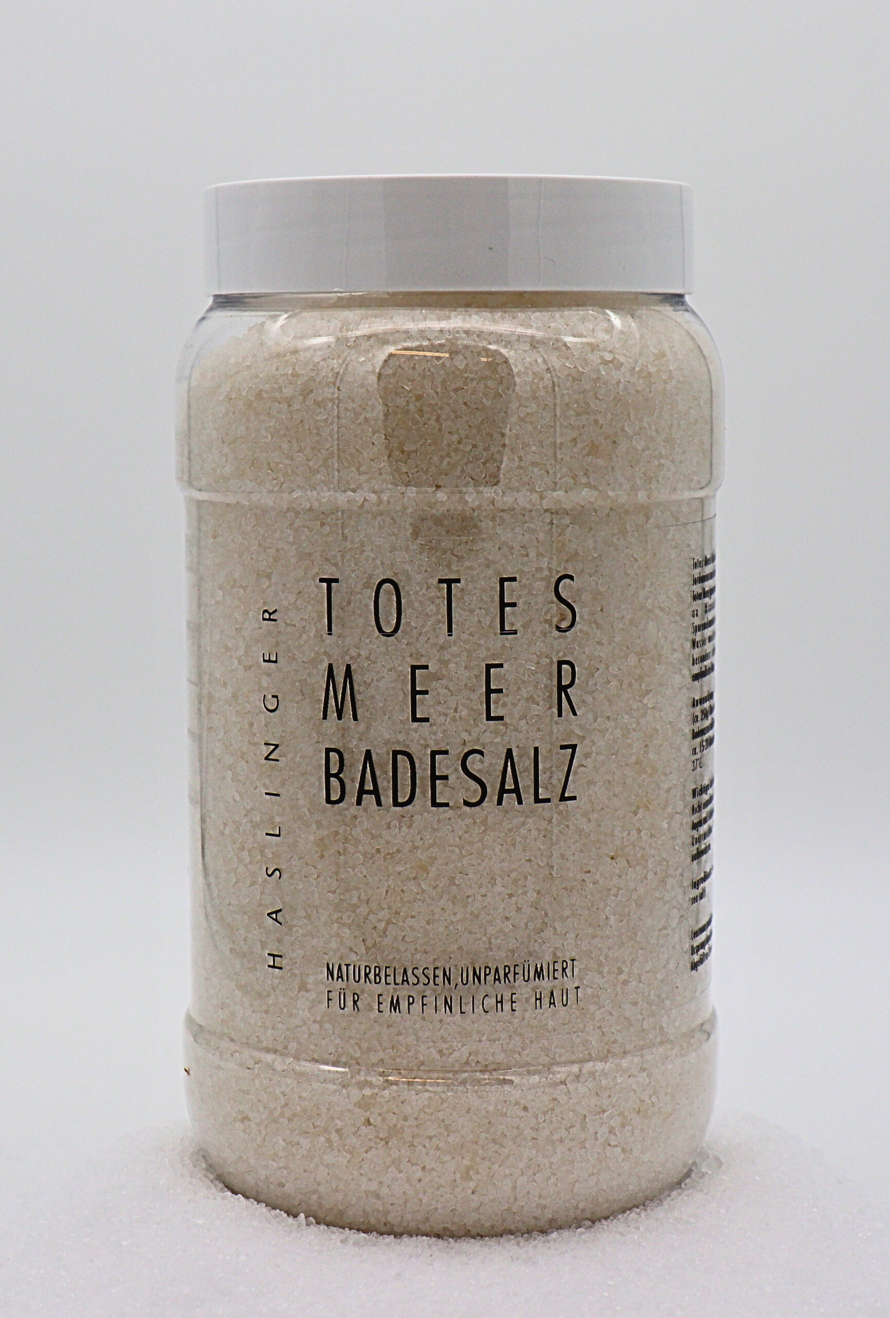 Totes Meer Badesalz (naturrein) Todes Meere Salz in Plastikbehälter mit Aufdruck