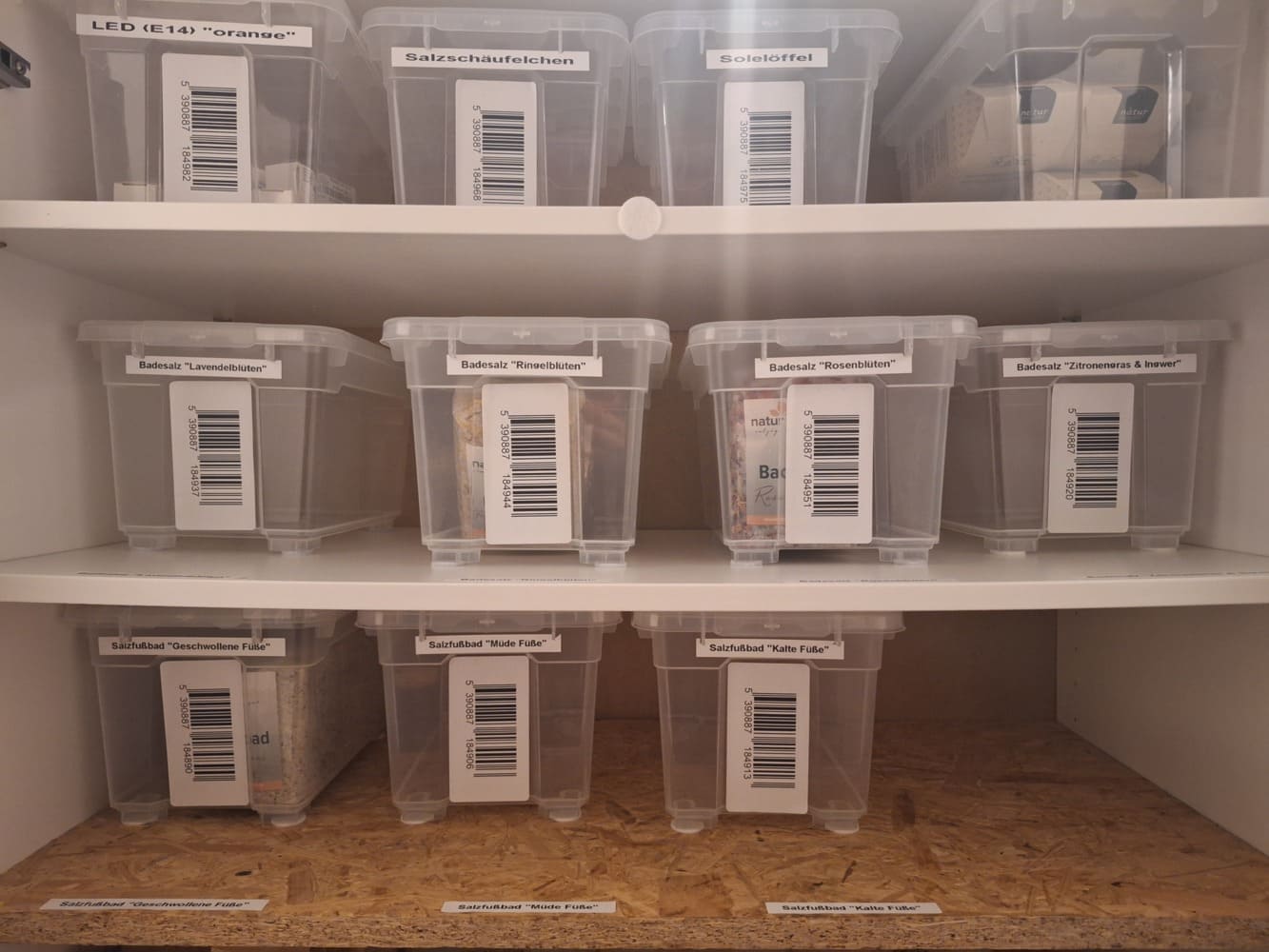 Ordnung mit beschrifteten Aufbewahrungsboxen