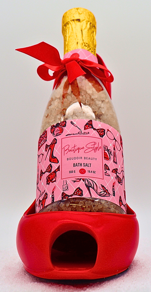 Geschenkset für Damen „boutique style“ Roter Keramik-Stiletto mit Badesalz enthaltender Sektflasche