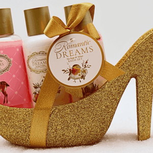 Geschenkset „romantic dreams“ Stiletto, gold glitzernd mit 3 Badesalzen in kleinen Flaschen