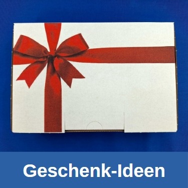Geschenkbox mit roter Schleife vor blauem Hintergrund