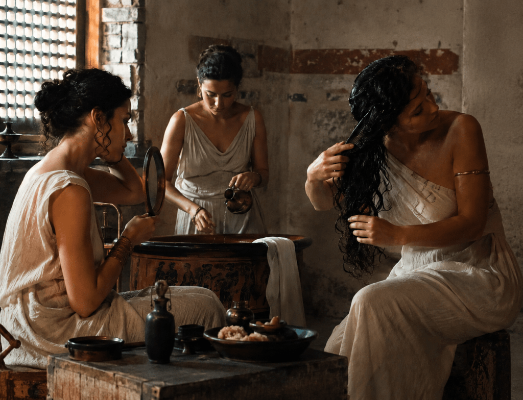Geschichte des Badens und der Körperpflege – Eine Reise von der Antike bis zur modernen Wellness-Kultur durch 5.000 Jahre Kulturgeschichte 4 3 griechische Frauen bei der Körperpflege